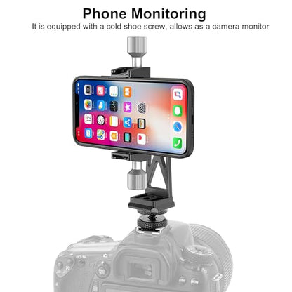 Metal Phone Tripod Mount Extra Deep Clamp with Arca Port Cold Shoe 360°Ball Head Cellphone Tripod Adapter for iPhone Galaxy Smartphone Stand Holder for Vlogging Video Camera Monitor