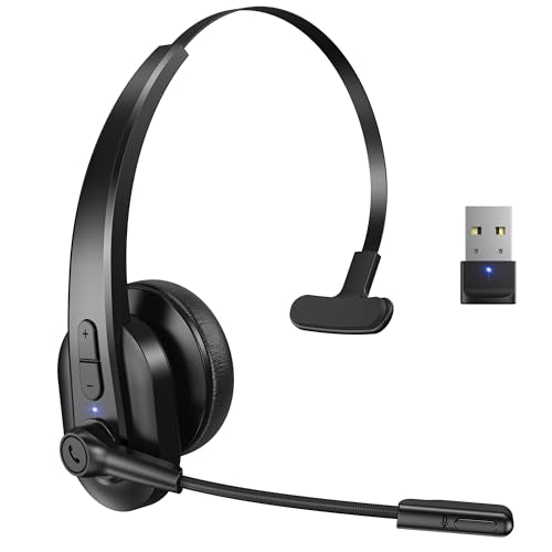 Sarevile Bluetooth Headset with USB Dongle for Computer, Single-Ear Wireless Headset with Noise Cancelling Microphone for Office & Truckers, Bluetooth V5.2 with Mute Button for Work - color: Black