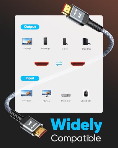 Highwings 8K HDMI Cable Long 2.1 30FT/9M, 48Gbps High Speed HDMI 4K120 144Hz Dynamic HDR 10 eARC HDCP 2.2&2.3 Compatible for PS5, Blu-ray Player and Monitor - size: 30 feet