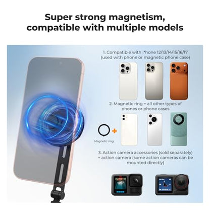 K&F CONCEPT Neck Phone Holder, 2-in-1 Magnetic & Clip-on Phone Neck Holder, POV Phone Holder, Hand Free Chest Stand Compatible with iPhone 17-12 Seires Android Phones - color: Gray