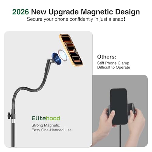 elitehood Magnetic Magsafe Phone Tripod Stand, Heavy Duty Aluminum Overhead Tripod for iPhone with 17” Flexible Gooseneck, Overhead Phone Stand for Video Recording, Filming, Painting and Crafting - style: Magnetic design