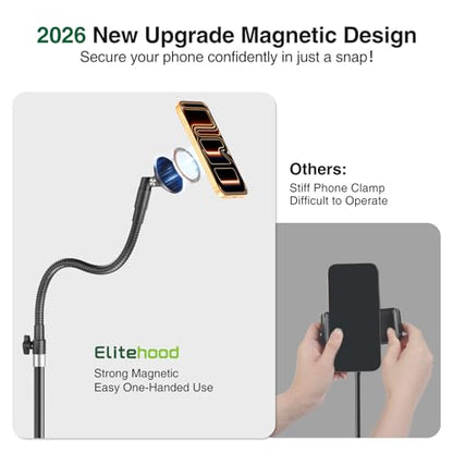 elitehood Magnetic Magsafe Phone Tripod Stand, Heavy Duty Aluminum Overhead Tripod for iPhone with 17” Flexible Gooseneck, Overhead Phone Stand for Video Recording, Filming, Painting and Crafting - style: Magnetic design