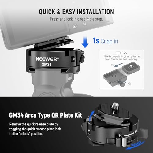 NEEWER GM34 Camera Quick Release Plate Kit, Quick Switch Auto Lock Square QR Mount Plate with Arca Type Clamp Base, Compatible with Arca Swiss Camera Clip, Max Load 11lb/5kg