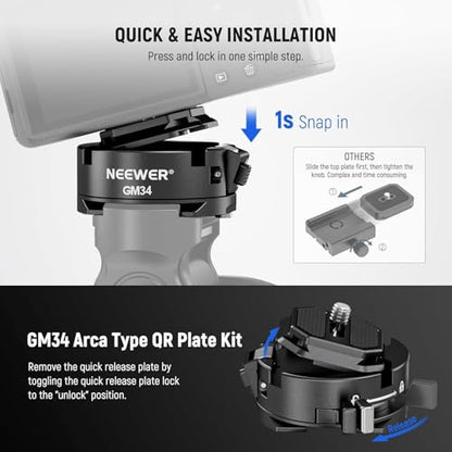 NEEWER GM34 Camera Quick Release Plate Kit, Quick Switch Auto Lock Square QR Mount Plate with Arca Type Clamp Base, Compatible with Arca Swiss Camera Clip, Max Load 11lb/5kg