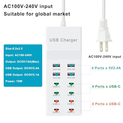USB C Power Strip, 100W USB Charging Station 4 USB-A Ports and 8 USB-C Ports Multiple USB Charging Block with Auto-Detect Technology Compatible with Smart iPhone Tablet Laptop Multiple Devices