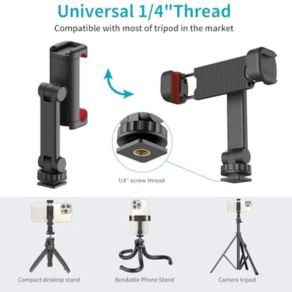 Phone Tripod Mount Holder for iPhone - 2 Cold Shoe and 1/4" Screw, 360° Rotates and 180° Tilts Compatible for iPhone Android Sony Canon DJI Ronin S/SC Zhiyun Gimbals