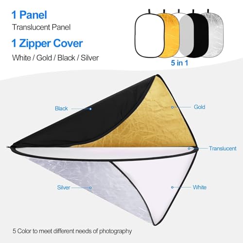 EMART 24'' x 36''(60 x 90cm) 5 in 1 Photo Collapsible Photography Reflector with Bag, Large Oval Portable Panel for Studio Video, Portraint, Outdoor Shooting -Translucent, White, Silver, Gold, Black
