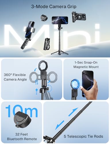 MAGIC JOHN Phone Tripod with 2 Selfie Light, Portable Pocket Size Selfie Stick for iPhone Magsafe, Selfie Stick with Detachable Remote Control for Photograph, Live Streaming, Video Recording