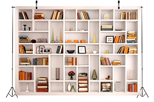 BELECO 10x8ft Fabric White Bookshelf Photography Backdrop School Library Modern Office Bookcase Home Office Zoom Meeting Video Conferencing Graduation Decor Portrait Shoot Props - size: 10x8FT