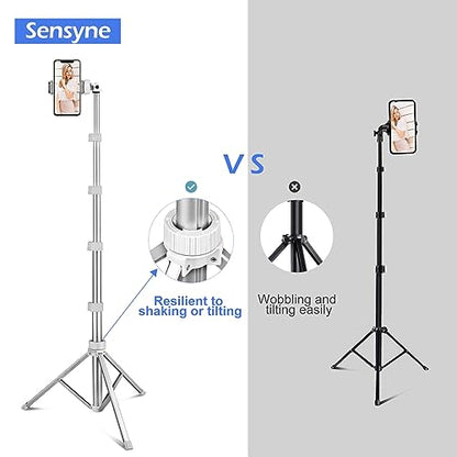 Sensyne 67" Phone Tripod & Selfie Stick, Extendable iPhone Tripod Stand with Wireless Remote and Phone Holder, Compatible with Cell Phone, Camera (Silver) - color: Silver, size: 67-inch