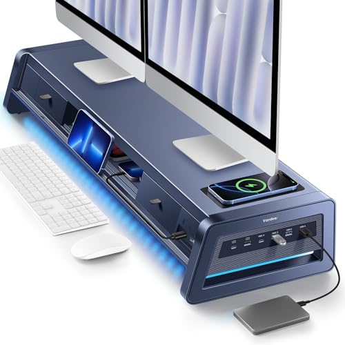 Vaydeer All-in-One Dual Monitor Stand Riser with 2 Drawers, 8USB Ports and Wireless Charging Pad with LED Light Strip for 2 Monitors , Desk Organizer for PC, iMac (Metal, 39.3 inches) - color: Dark Blue