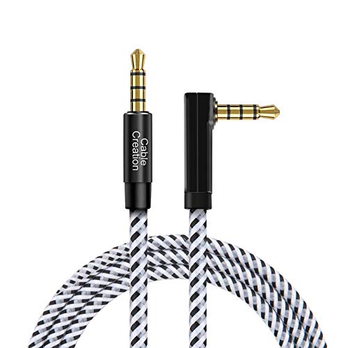3.5mm Audio Cable TRRS, CableCreation 90 Degree Right Angle 3.5mm Male to Male Stereo Aux Cable for Car 4 Pole (Support Microphone), 1.5Feet/0.45M - size: 1.5 Feet