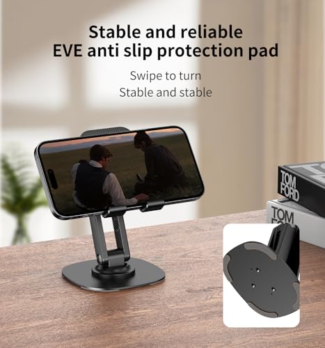 360° Rotating Cell Phone Stand for Desk, Adjustable & Foldable Phone Holder, Aluminum Desktop Phone Stand with Anti-Slip Base, Compatible with iPhone, iPad, Android Phones, K69-Black