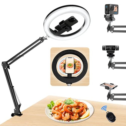 Overhead Phone Mount with Ring Light, 10’’ LED Selfie Light for Desk,with Stand and Phone Holder for iPhone and Camera,Overhead Tripod for Video Recording, Live Streaming, Zoom Meeting