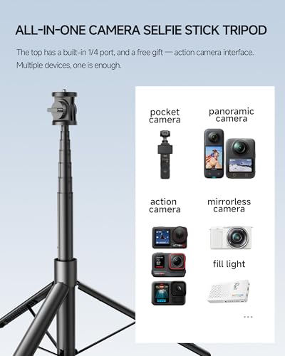 Windproof 63" Selfie Stick Tripod for DJI Osmo Pocket 3, Auto-Opening Upon Ground Contact, 8 Levels Adjustment Action Camera Tripod with 1/4" Screw Accessory for DJI Osmo Pocket3