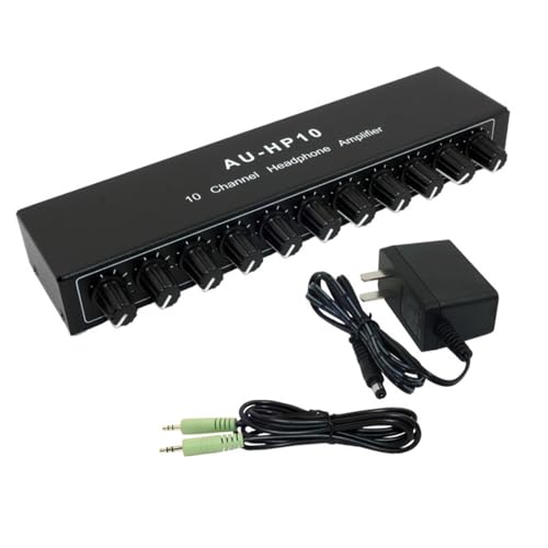 10 Channel Headphone Amplifier Amp, Stereo Audio Headphone Splitter Distributor, Aux Mini TRS 3.5mm Audio Interface & Cable, 12V 1A Power Adapter for Audio Mix Recording Studio Stage