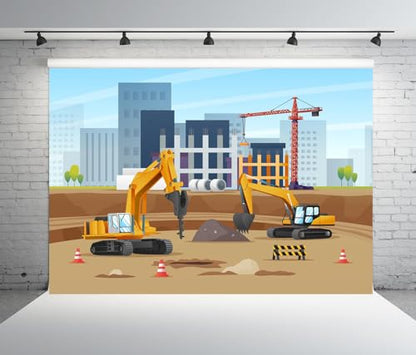 12x8ft Fabric Construction Theme Backdrop for Photography Excavators Material Equipment Construction Site Background for Boy Birthday Party Banner Decoration Photo Studio Props - size: 12x8FT