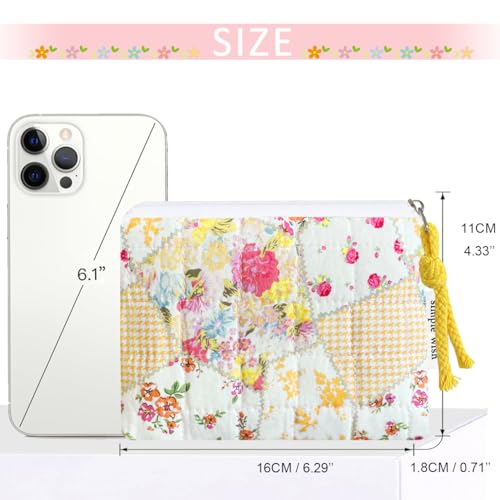 Cotton Quilted Floral Coin Purse Digital Camera Pouch with Cute Prints Zipper for Women Girls (YELLOW DISTY PATCH) - color: YELLOW DISTY PATCH