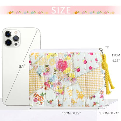 Cotton Quilted Floral Coin Purse Digital Camera Pouch with Cute Prints Zipper for Women Girls (YELLOW DISTY PATCH) - color: YELLOW DISTY PATCH