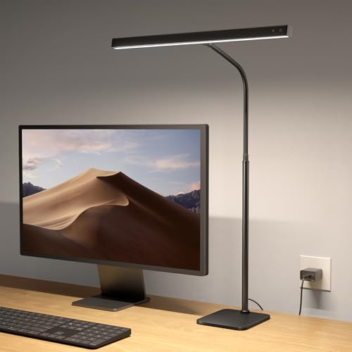 SUPERDANNY LED Desk Lamp for Home Office, Eye-Caring Desk Light with Base, 12W Touch Control 3 Colors Dimmable Brightness, Gooseneck Architect Lamp for Computer Monitor Reading Workbench, Black - color: Black, size: Stable Base