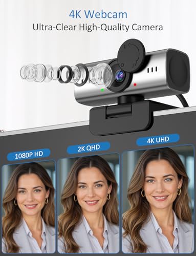 Webcam for PC, 4K Streaming Camera, Web Camera for Desktop/Laptop Computer Webcam with Microphone, Plug and Play USB Web Cam, Aluminum Alloy casing, for Live Streaming, Video Calls (Silver) - color: Silver