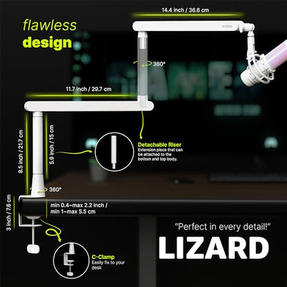IXTECH White Microphone Boom Arm Stand Low Profile Boom Arm Adjustable Mic Stand with Built In Cable Management 360° Swivel Mic Arm. - color: 2 LIZARD