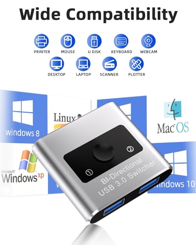 Aluminum USB 3.0 Switch, Bi-Directional 2 in 1 Out / 1 in 2 Out - Share 1 Device for Printer, Keyboard - Includes 2 USB 3.0 Cables (4.9ft) - color: USB Switch