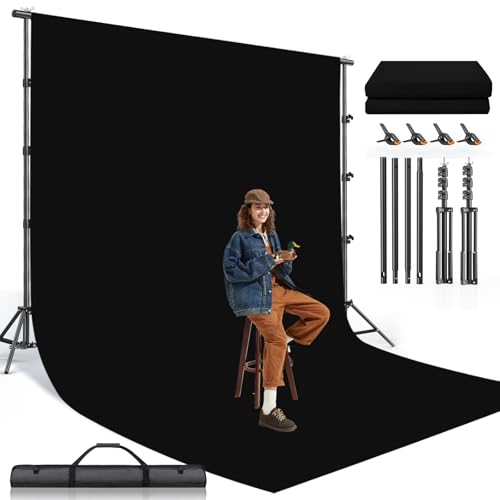 BEIYANG 8.5X10 FT Photo Background Stand with 10X12 FT Black Backdrop Screen, Adjustable Background Holder Support System Kit for Photography Video, Parties Decoration with Carry Bag & Clamps - color: Stand + Black