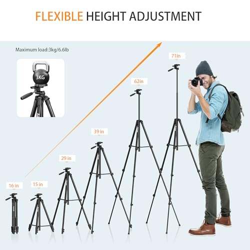 71″ Camera Tripod Aluminum Tall Tripod Stand Compatible with Canon Nikon with Wireless Remote Phone Holder and Bag Max Load 6.6 LB
