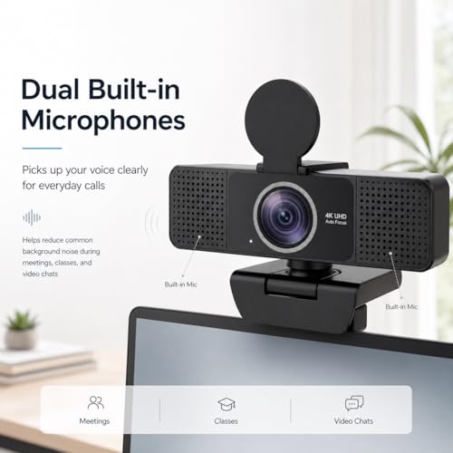 4K Webcam for PC with Dual Microphones,UHD 30fps Web Camera,Autofocus USB Webcam with Privacy Cover,Tripod, Plug & Play Camera for Zoom, Teams, Skype, Streaming, Laptop & Desktop