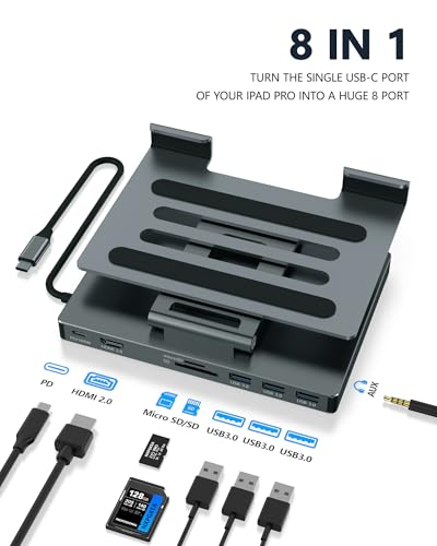 2026 iPad Pro USB C Hub Stand, Adapter for iPad Pro M5 M3 M4 13 12.9 11 Inch iPad Air Docking Station 4K 60Hz HDMI, SD/TF Card Reader, 3 USB 3.0 Port, 3.5mm Audio, iPad mini A16 Galaxy Tablet Dock