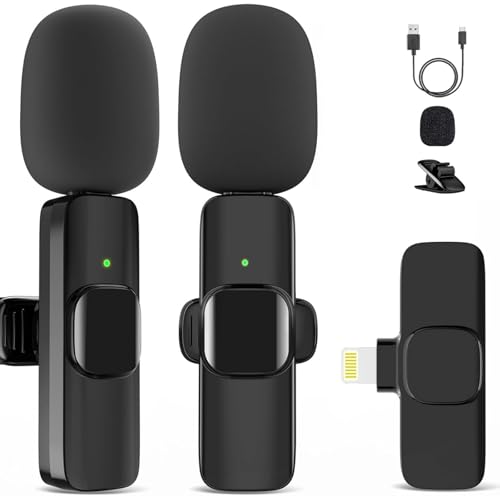 Microphone for iPhone, 2 Pack Wireless Microphones, Mini Mic, Lavalier, Recording Lapel Mic, Plug-Play, Clip On Microphone with Noise Reduction for Interview/Tiktok (for iPhone14 and Below)