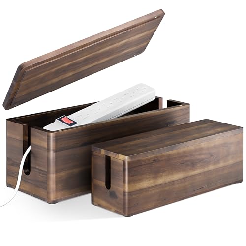TIDITA Acacia Large Cable Management Box - Set of 2 Cord Box Hider for Office - Cable Hider Box, Surge Protector Box for TV Wires, Desk - Power Strip Box with 2 Open Slots, Magnetic Lid (Walnut color) - color: Walnut, size: 16"+13.5"