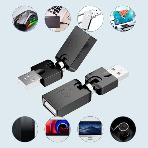 BERLAT Swivel USB 2.0 Adapter, 2 Pack Rotatable USB 2.0 Type A Male to Type A Female 360 Degree Rotation Adjustable Right Angle Extension Adapter Convertor (Black, AM-FM)