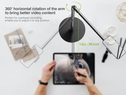 elitehood Heavy Duty Aluminum Overhead Phone Stand, 15 in Long Arm iPhone Holder for Video Recording, 360 Degrees Swivel Tilt Overhead Phone Mount for Filming, Meeting, Cooking, Painting and Crafting - style: Desk Stand