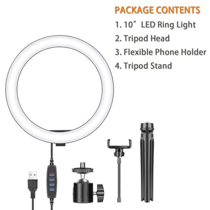 10" Desk Ring Light with Tripod Stand, 3 Light Modes & 11 Brightness Level, Adjustable Selfie Phone Halo Light with Cell Phone Holder for Video Recording, Makeup, Computer Laptop Zoom Meeting