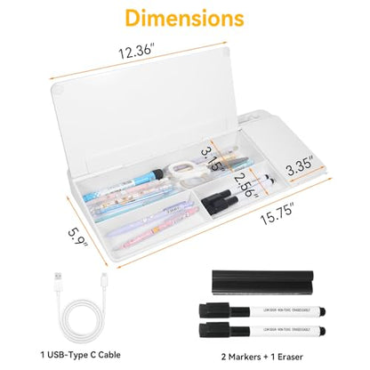 Small Glass Desktop Whiteboard Dry Erase Board with Wireless Charger Station - Computer Pad Keyboard Stand with Organizer for Home, School, Office Desk Accessories