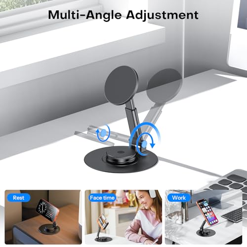 OMOTON MS05 360° Rotating Magnetic Phone Stand for MagSafe, [Height Adjustable] Foldable Cell Phone Stand for Desk, Office Desk Accessories Gift for iPhone 17/16/15 Pro Max Air for PC Gaming Women Men