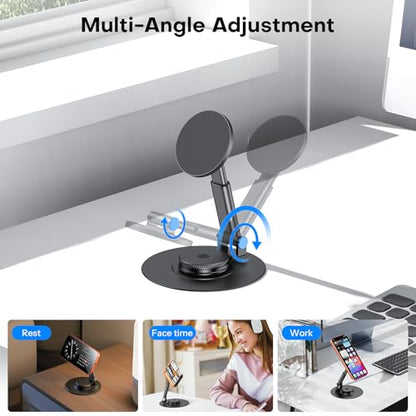 OMOTON MS05 360° Rotating Magnetic Phone Stand for MagSafe, [Height Adjustable] Foldable Cell Phone Stand for Desk, Office Desk Accessories Gift for iPhone 17/16/15 Pro Max Air for PC Gaming Women Men