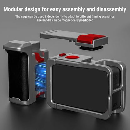 Fockety Action Camera Cage, Protective Frame Metal Video Rig with Cold Shoe, Shutter with Mic Handle Grip Magnetic Adapter Mount Protective Cage for 5 4 3 Pro Action Camera