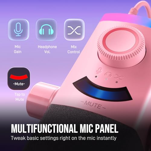 FIFINE XLR/USB Gaming Microphone Kit with Boom Arm Stand, RGB Streaming Mic for Computer Compatible with PC/PS4/PS5, Podcast Mic Set with Headphone Jack, Volume Knob, Mute-AmpliGame AM8PROT Pink - color: Pink