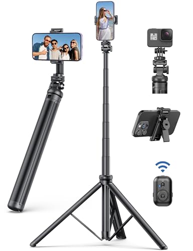 75" Phone Tripod, Selfie Stick with Remote and Phone Holder, Extendable Tripod for iPhone, Aluminum Cellphone TripodStand 360° Rotation Travel Tripods Compatible with iPhone Android, GoPro