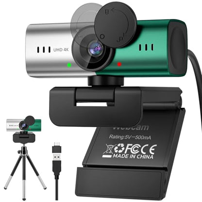 Webcam for PC, 4K Streaming Camera, Web Camera for Desktop/Laptop Computer Webcam with Microphone, Plug and Play USB Web Cam, Aluminum alloy casing, for Live Streaming, Video Calls (Silver green) - color: Silver green