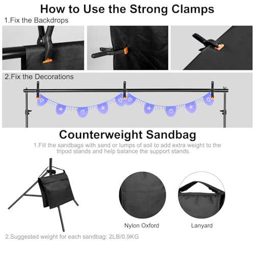 10x7ft Adjustable Photography Backdrop Stand Kit – Photo Studio Background Support with 4 Crossbars, 4 Clamps, 2 Sandbags (with 10 * 7 Feet Black Backdrop Curtain) - color: Black