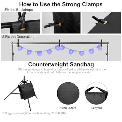 10x7ft Adjustable Photography Backdrop Stand Kit – Photo Studio Background Support with 4 Crossbars, 4 Clamps, 2 Sandbags (with 10 * 7 Feet Black Backdrop Curtain) - color: Black