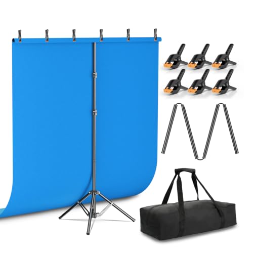 EMART Blue Screen Backdrop Kit with Reverse Folding Base, 5x6.5ft Photo Bluescreen Background with Portable T-Shape Stand and 6 Clamps for Photography, Photoshoot, Studio Video Recording, Streaming - color: Blue, size: 5x7FT