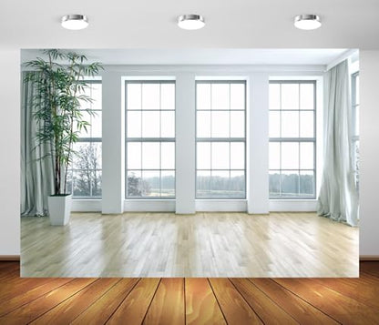6x4FT White Living Room Wall Podcast Backdrop Modern Interior Wooden Floor Bright Window Background for Zoom Calls Home Office Live Video Photography Studio Props - size: 6x4ft