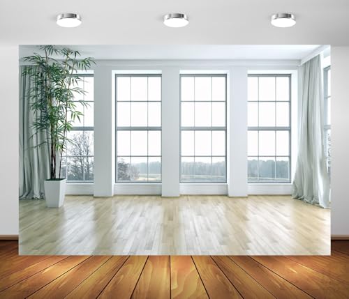 10x8FT White Living Room Wall Podcast Backdrop Modern Interior Wooden Floor Bright Window Background for Zoom Calls Home Office Live Video Photography Studio Props - size: 10x8ft