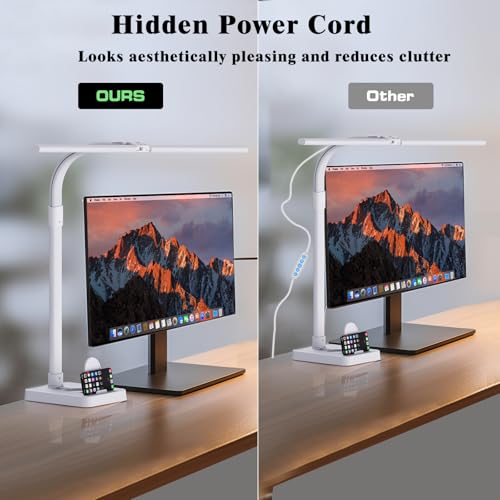 GAEFURY LED Desk Lamp for Home Office, 24W Bright Desk Lamp with Phone Holder Base - 25 Lighting Modes Eye-Caring Desk Light Adjustable Gooseneck Lamp for Workbench Drafting Reading Study-White - color: White