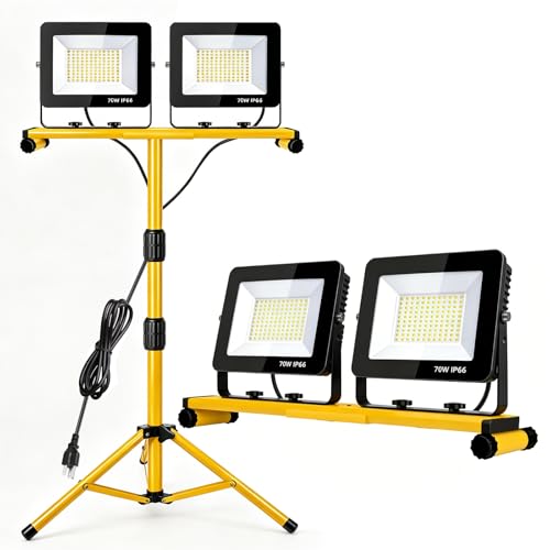LED Work Lights with Stand, 14000 Lumen, 2-Head Adjustable Work Light, Waterproof Foldable Tripod, 6,500 Kelvin, Extended Cord for Outdoor & Indoor Job Sites, Workshops, Construction, Garage Lighting